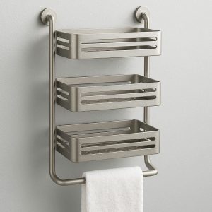 Rustproof Aluminum Bathroom Shelf with Towel Bar and 3 Storage Baskets