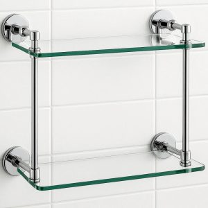 Glass Bathroom Shelf 2 Tier Wall Mounted with Chrome Brackets